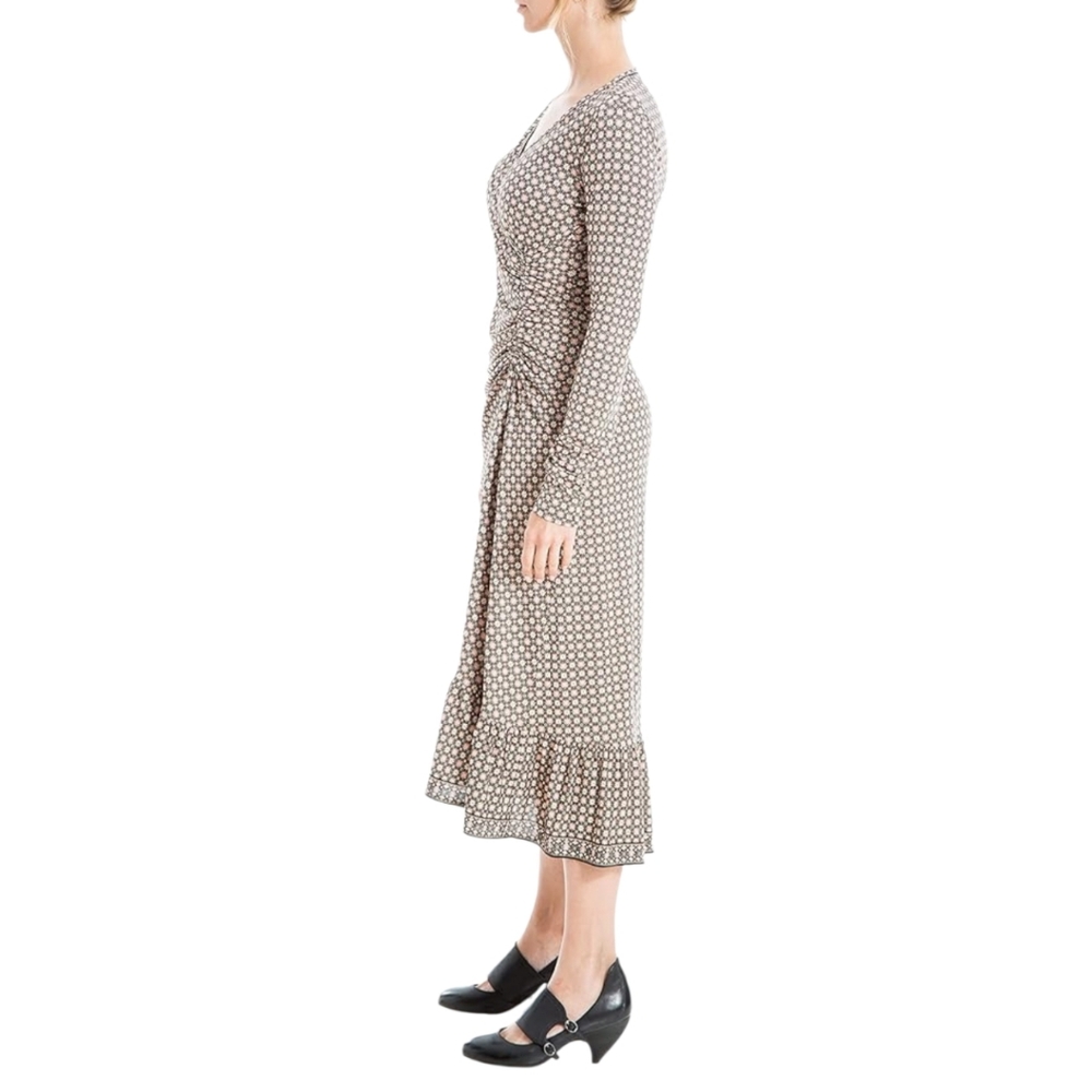 Max Studio Black Beige Graphic Floral Faux Wrap Tiered Long Sleeve Dress size L - Picture 3 of 12